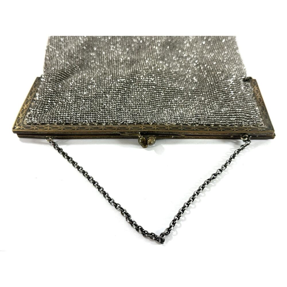 Antique Art Deco Silver Tone Mesh Evening Purse Beaded Fringe Chain Handle 1920s - Picture 8 of 11